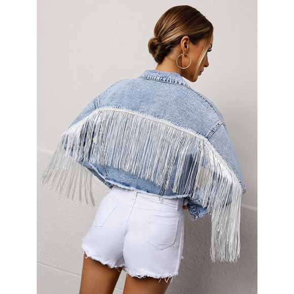 Fringe Raw Hem Button Front Crop Denim Jacket jean tassel cowboy nashville - Picture 1 of 6